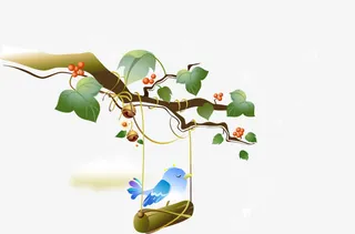 卡通清新树枝树叶秋千小鸟免抠