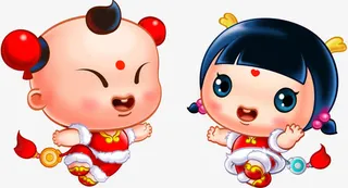 金童玉女拜年春节中国风欢乐奔跑免抠