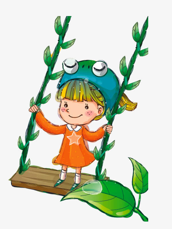 荡秋千的小女孩绿色春天素材免抠
