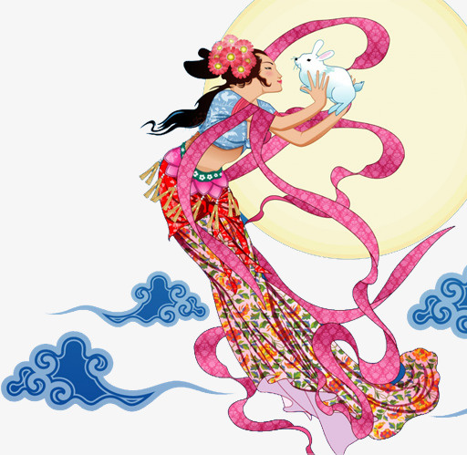 中秋免抠古典美女月亮玉兔免抠