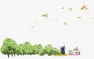 春天郊外美景村庄飞鸟免抠