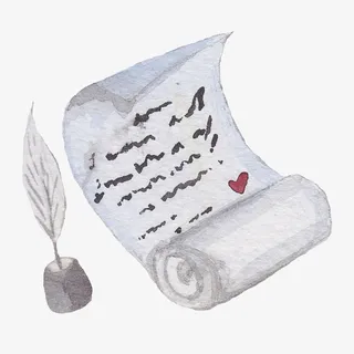 手绘羽毛笔和信纸插画免抠