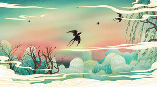 国潮插画山水柳树高清