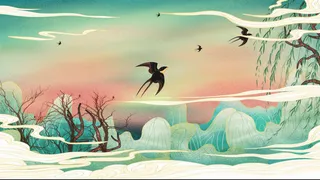 国潮插画山水柳树高清