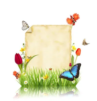 羊皮纸与鲜花草地背景免抠背景底纹元素