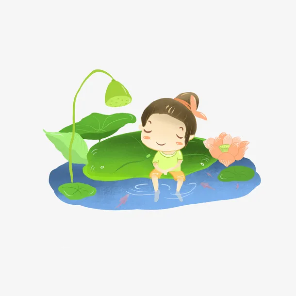 夏季荷花手绘插画夏季夏日暑期小女孩免抠