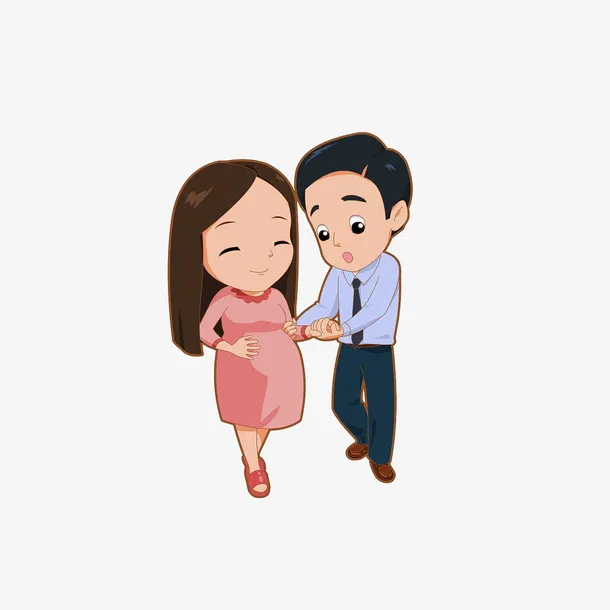 卡通陪怀孕老婆散步的男子素材免抠