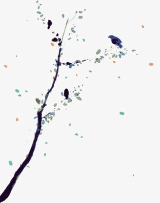 水彩水墨树枝上停着鸟免抠
