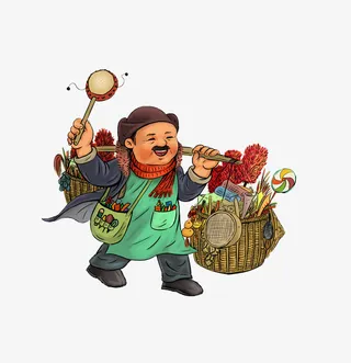 卡通手绘挑扁担卖货郎免抠