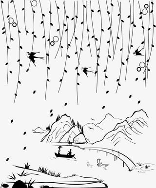 手绘春天山水简笔画免抠