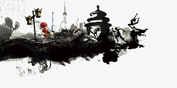 水墨毛笔古建筑免抠