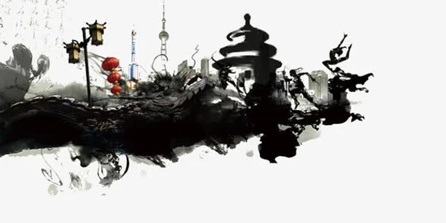 水墨毛笔古建筑免抠