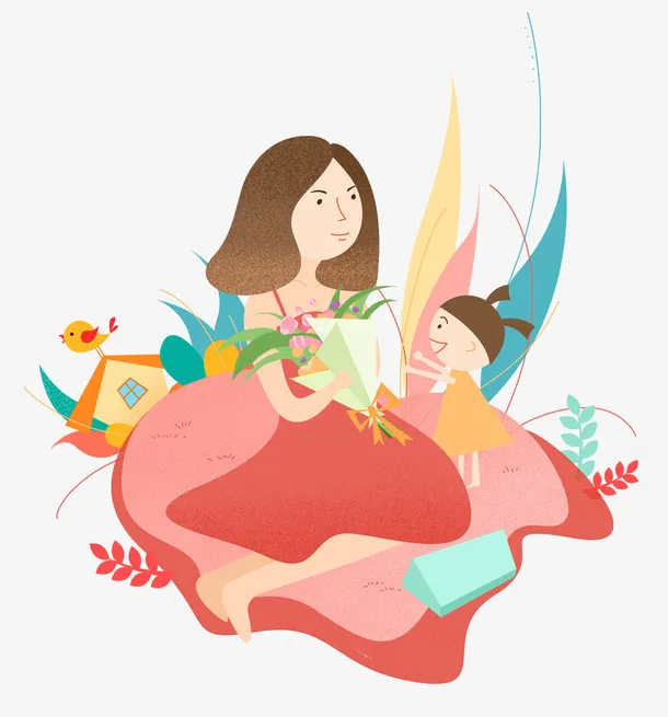 手绘母亲节插图妈妈与孩子插画免抠
