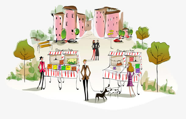 城市水彩剪影画免抠