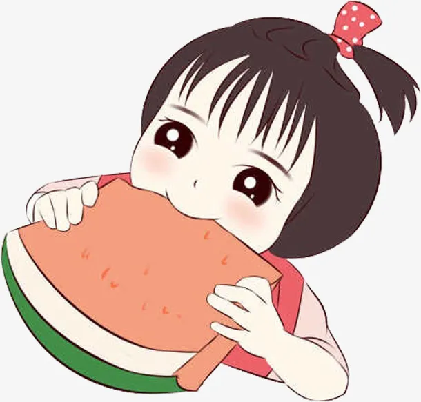 卡通人物女孩可爱萌萌哒小孩子吃西瓜免抠