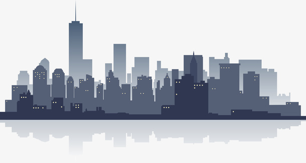 灰色城市剪影倒影免抠