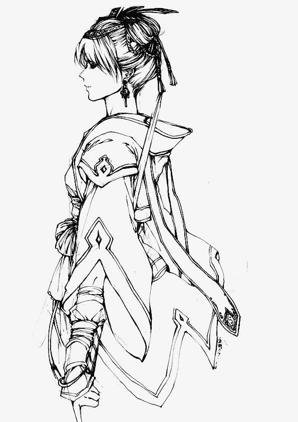 古代女子人物黑白手绘图免抠