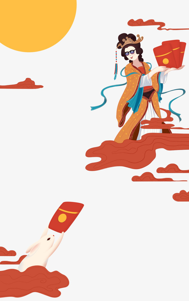 手绘卡通中秋素材玉兔给嫦娥送红免抠