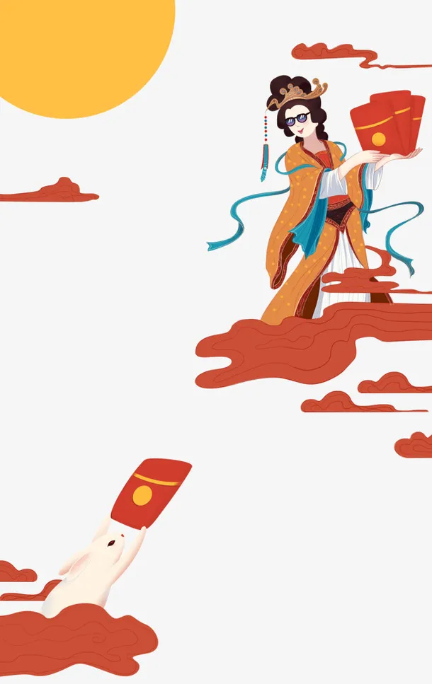 手绘卡通中秋素材玉兔给嫦娥送红免抠