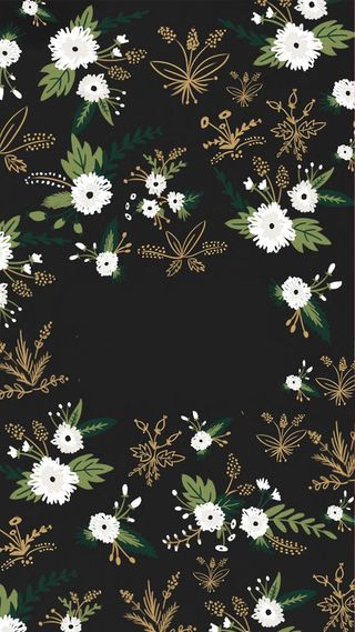 -手绘白花金叶黑底H5背景高清