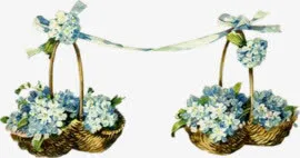 古典手绘蓝色鲜花花篮免抠