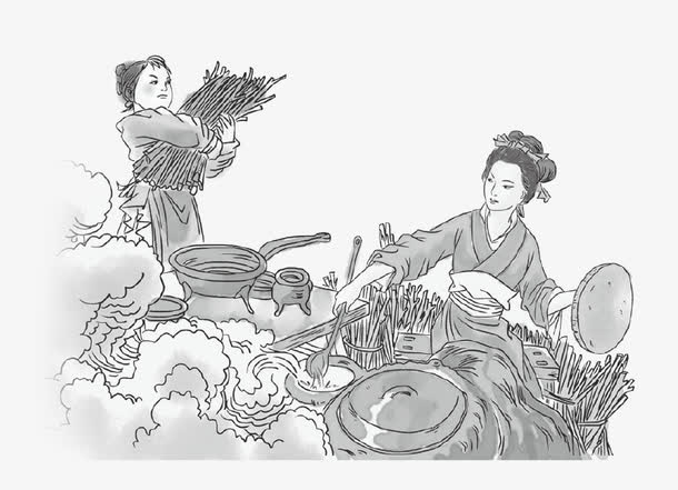 古代美女做饭图免抠