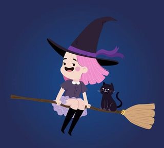 万圣节卡通女巫黑猫骑扫把背景元素