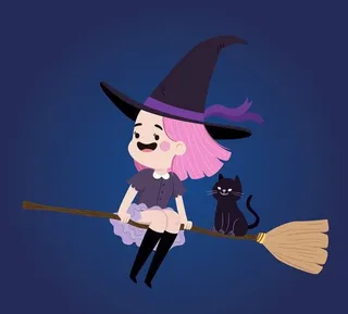 万圣节卡通女巫黑猫骑扫把背景元素