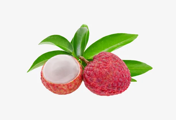 红色剥开带叶子的荔枝实物免抠