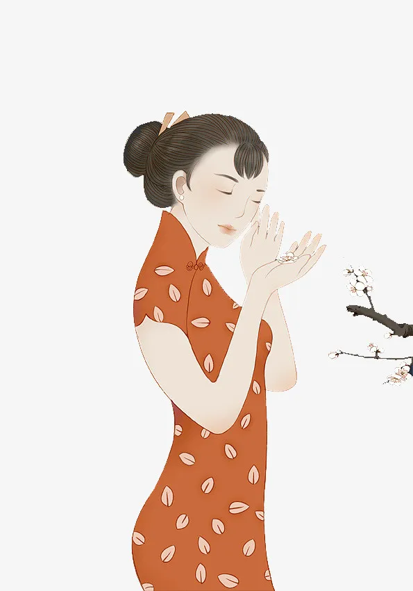 手绘工笔人物插图穿旗袍的美女免抠