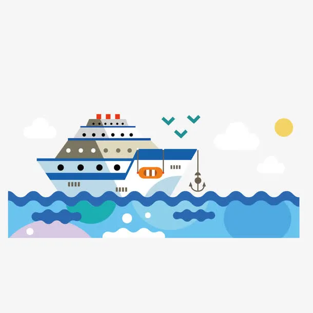 矢量蓝色轮船大海插画免抠