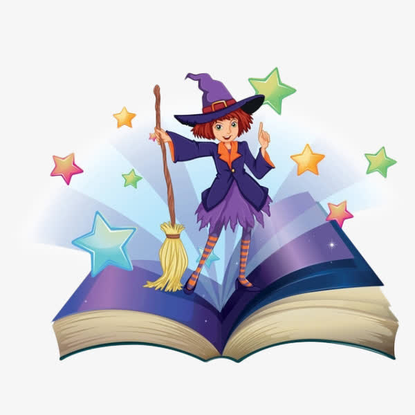 卡通可爱的小女巫站在魔法书上免抠