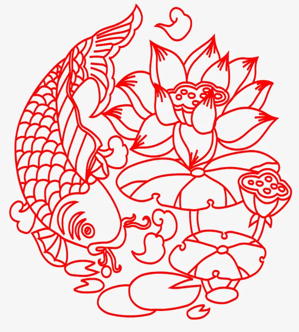 传统手艺红色荷花剪纸免抠