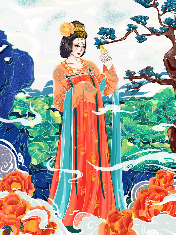 手绘国潮仕女图树枝假山元素免抠