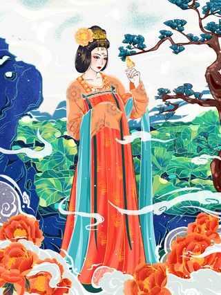 手绘国潮仕女图树枝假山元素免抠