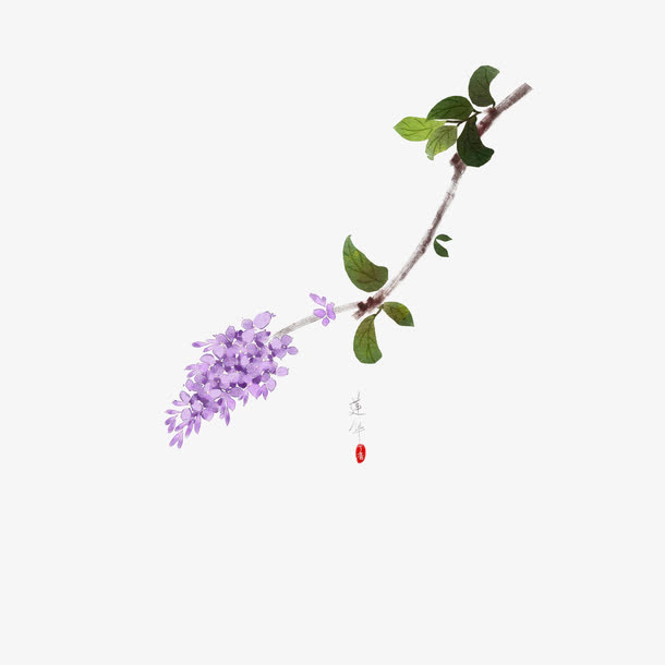 手绘中国风水彩丁香花枝条免抠免抠