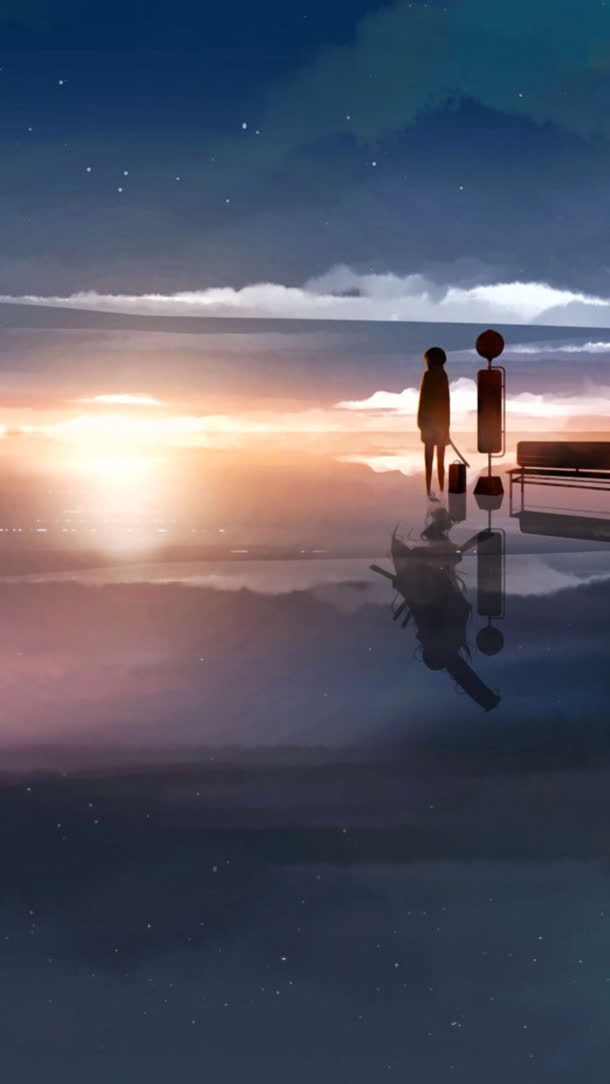 少年站牌海平面倒影免抠