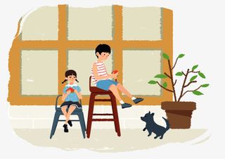 房子前姐弟俩人PNG免抠