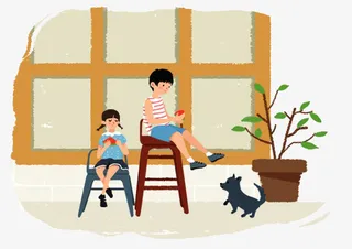 房子前姐弟俩人PNG免抠