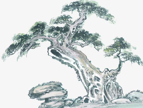 古松山石水墨画免抠