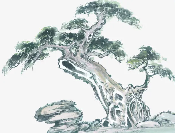 古松山石水墨画免抠