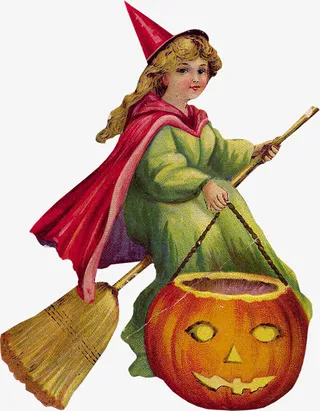 万圣节油画元素拿着南瓜的女巫免抠