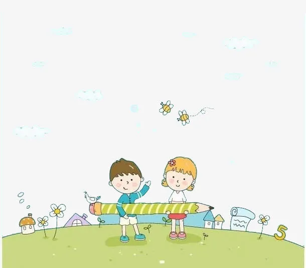 手绘草地玩耍男孩女孩免抠