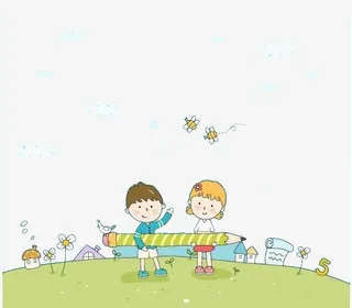 手绘草地玩耍男孩女孩免抠