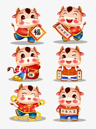 2021牛年卡通拟人新年小牛节日元素免抠节日元旦/春节/元宵元素