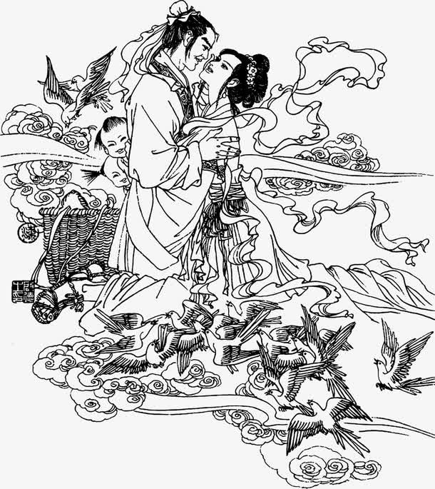 简笔牛郎织女相会免抠