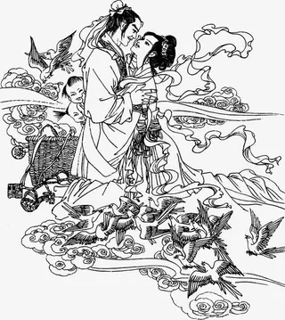 简笔牛郎织女相会免抠