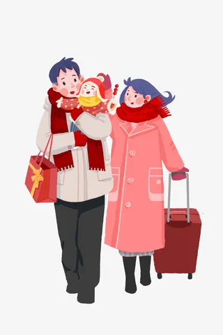 一家三口回家拜年温馨手绘插画免抠