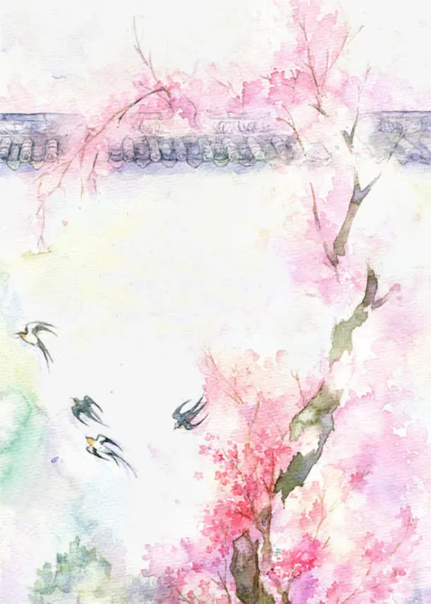 唯美古风水彩插画免抠