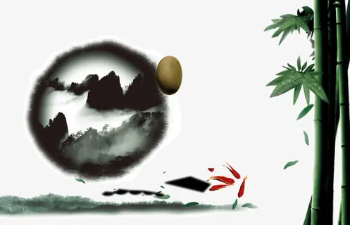 翠竹锦鲤水墨山水画免抠